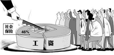 目前我國單位和個人為在職職工繳納的五項社會保險，約為職工個人工資的46%。人社部曾表示，在列出統計數據的173個國家和地區中，我國社會保險繳費率居第13位，高于160個國家和地區，其中養老保險繳費率偏高。