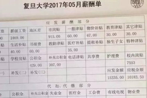 據稱一復旦教授曬出的工資單。網絡截圖